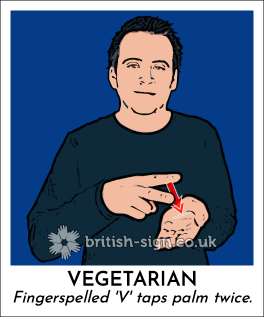 Vegetarian: Fingerspelled 'V' taps palm twice.